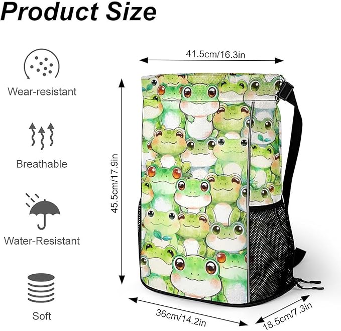 Frog Drawstring Backpack - Cute Cinch Sack, String Backpacks with Pocket for Kids Women Men Boys Girls for Gym Outdoor Sports Travel Athletic Drawstring Bag - Lightweight/Foldable