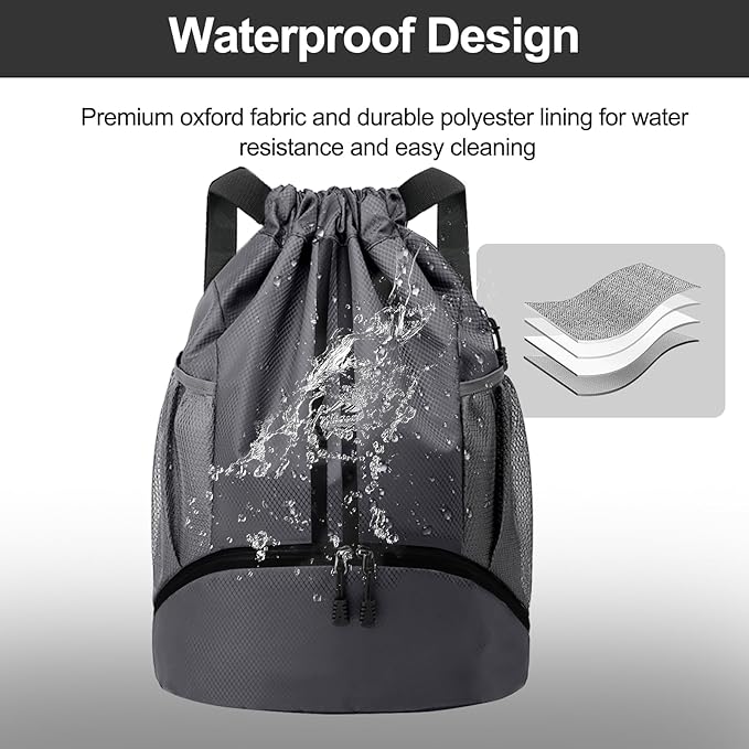 Hoedia Sports Drawstring Backpack - String Swim Gym Bag with Shoes Compartment and Wet Proof Pocket for Women and Men, Dark Grey