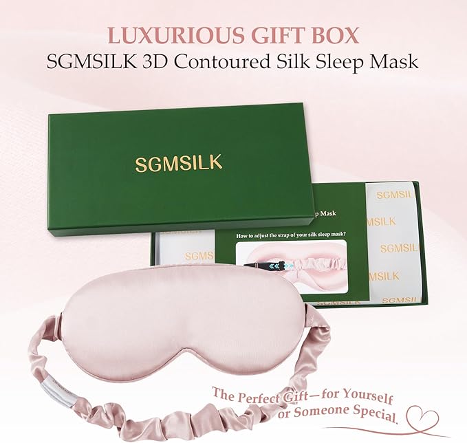 100% Mulberry Silk Sleep Mask for Unisex, 22 Momme 3D Silk Contoured Eye Mask, Breathable Light Blocking Blindfold with Adjustable Strap, Blackout Eye Cover for Travel, Pink