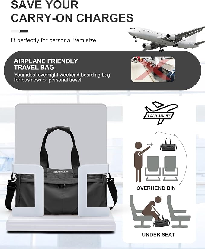 Gym Bag for Women Men with Shoe Compartment, Sport Duffel Bag, Waterproof Travel Weekender Overnight Carry on Bag for Yoga with Trolley Sleeve, Grey