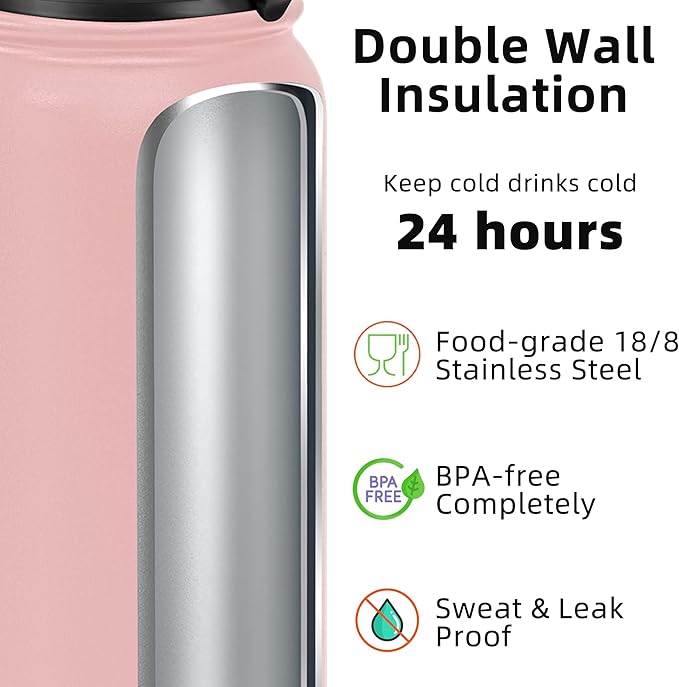 Fanhaw 32 Oz Stainless Steel Insulated Sports Water Bottles with Straw for Kids, Men and Women (Pink)