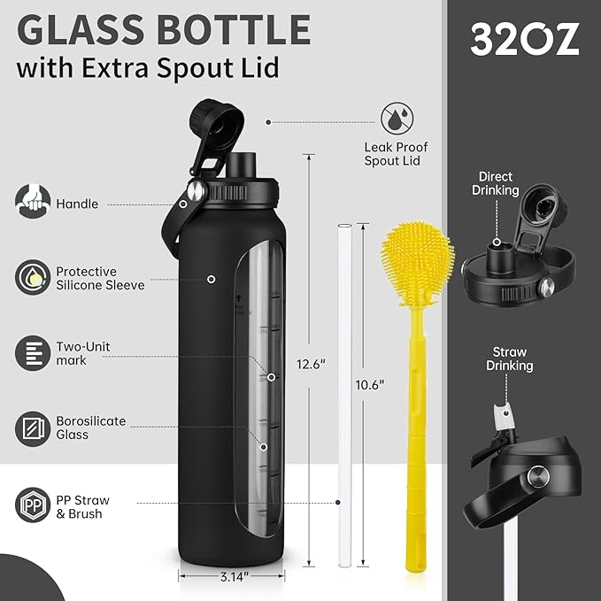 32 oz Glass Water Bottles with 2 Lids-Handle Spout Lid & Straw Lid 1 Liter Motivational Borosilicate Water Bottle with Silicone Sleeve and Time Marker,Leakproof