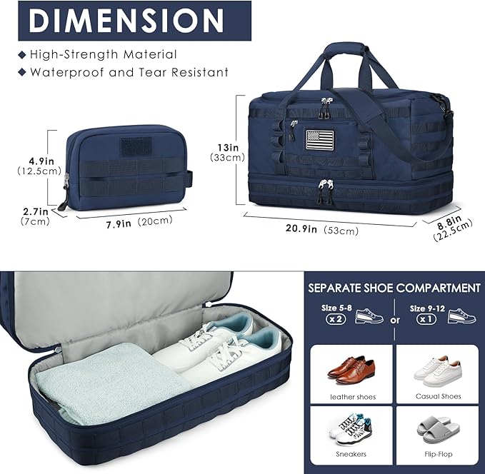 ETRONIK Travel Bag for Men Women, Gym Bag & Tactical Duffle Bags for Travel, Carry on with Toiletry Bag and Shoe Compartment, Weekender Overnight Trip with Wet Pocket for Workout Medical, Blue