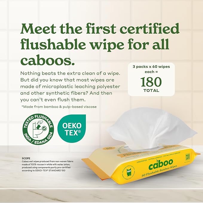 Caboo Tree Free Flushable Wipes, Certified Flushable, Septic Safe, Biodegradable, Chemical Free, Unscented Wipes for Adults made with Renewable Bamboo Based Viscose (Pack of 3, Total of 180)