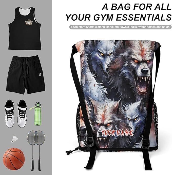 Custom Wolf Drawstring Backpack - Cute Cinch Sack, String Backpacks with Pocket for Women Men Kids Boys Girls for Gym Outdoor Sports Travel Athletic Drawstring Bag - Lightweight/Foldable