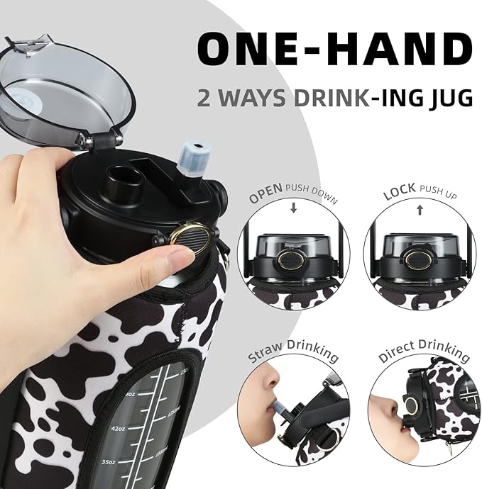 Half Gallon 64oz Glass Water Bottle with Straw and Storage Sleeve Motivational Water Bottle with Strap and Time to Drink 2L Leakproof Reusable Water Jug for Fitness Gym and Outdoors