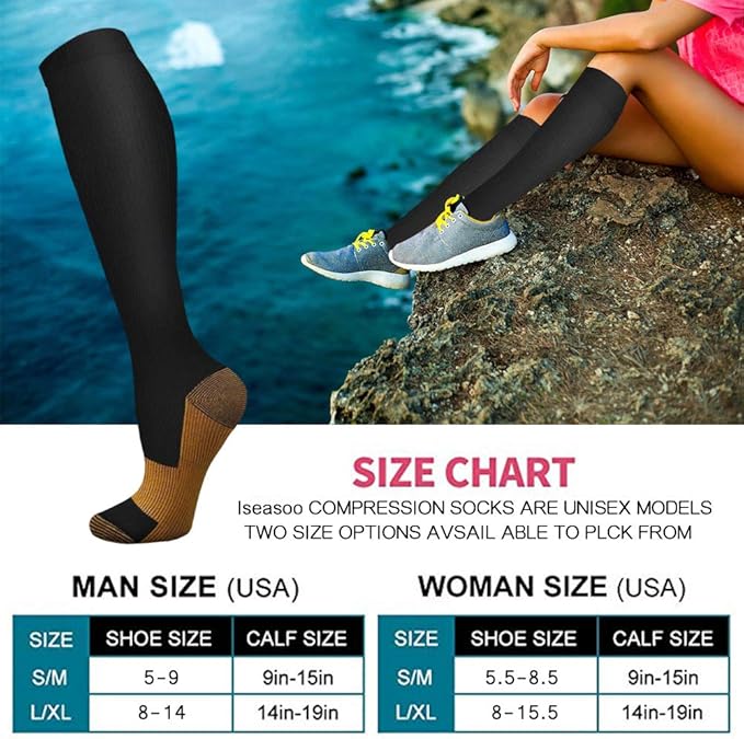 Iseasoo Copper Compression Socks (15-20 mmHg) for Men & Women - Running, Hiking, Cycling, Travel - Improves Circulation