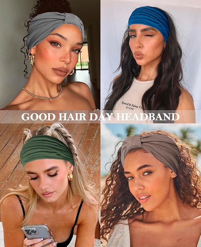 Artilady 7" Wide Headbands for Women Extra Large Stretchy Headwrap Soft Elastic Non Slip Head Bands Sports Yoga Running Hair Bands Boho Turban Hair Accessories 6 PCS