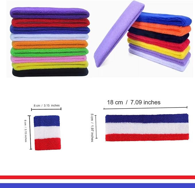 24 Pcs Neon Sweatbands Set Include 8 Pcs Sports Headband and 16 Pcs Cotton Wristbands 80s Neon Sweat Bands Bulk for Gym, Tennis, Basketball, Running, Exercise