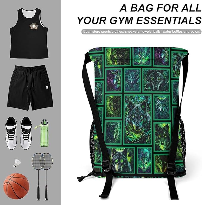 Custom Wolf Drawstring Backpack - Cute Cinch Sack, String Backpacks with Pocket for Women Men Kids Boys Girls for Gym Outdoor Sports Travel Athletic Drawstring Bag - Lightweight/Foldable