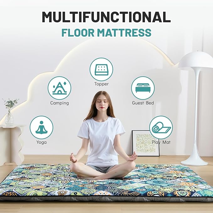Japanese Floor Mattress Twin, Anti-Slip Japanese Futon Foldable Tatami Mat for Guests, Boho Green Checkered