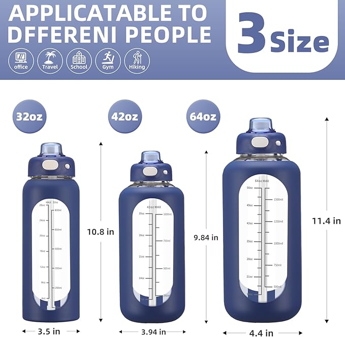 SIEROZUR 42 oz Glass Water Bottle with Straw and Handle, Large Sports Motivational Water Bottle Flask with Time Marker Leakproof Water Jug with Silicone Sleeve for Gym