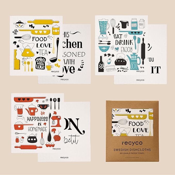 RECYCO Swedish Dishcloths for Kitchen | 6 Pack Kitchens Love Washable Dish Rags | Cellulose Reusable Cleaning Paper Towels | Absorbent Counter Dish Cloth Sponge Kitchen Wipes, 8" L x 7" W