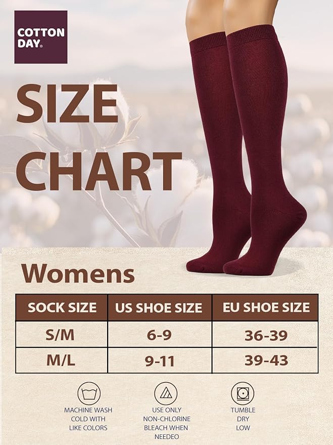 COTTON DAY Women's Soft Combed Cotton Knee High Long Calf Dress Socks Seamless Toe Black White Gray Navy Blue Brown