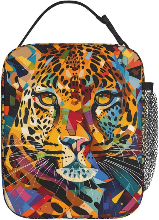 Colorful Leopard Face Pattern Insulated Lunch Box Gifts for Kids Adults Vibrant Cheetah Print Reusable Portable Lunchbox Cooler Lunchbag for Work Picnic School Travel or Hiking