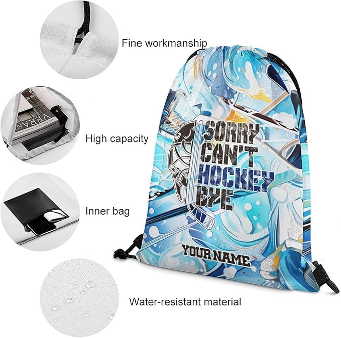 Custom Hockey Drawstring Backpack - Cool Cinch Sack, String Backpacks for Kids Women Men Boys Girls for Gym Outdoor Sports Travel Athletic Drawstring Bag - Lightweight/Foldable