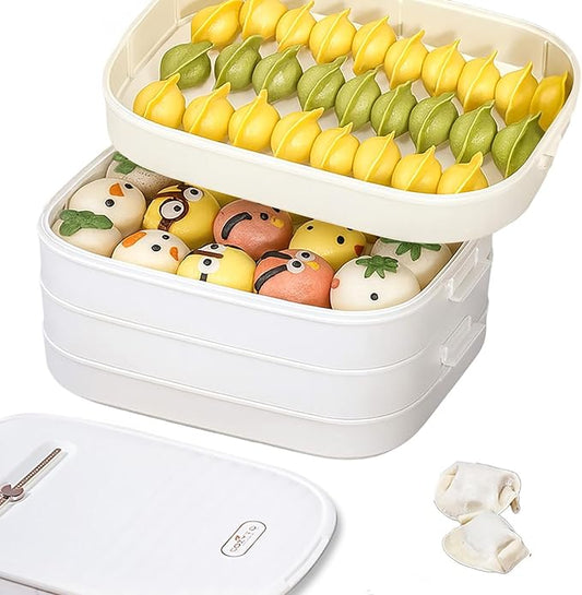4-Layer Dumpling Storage Container – Freezer Organizer with Smart Timer, Good Sealing, Stackable Food Containers, Anti-Stick Base & Clip Lid (White Lid & White Box)