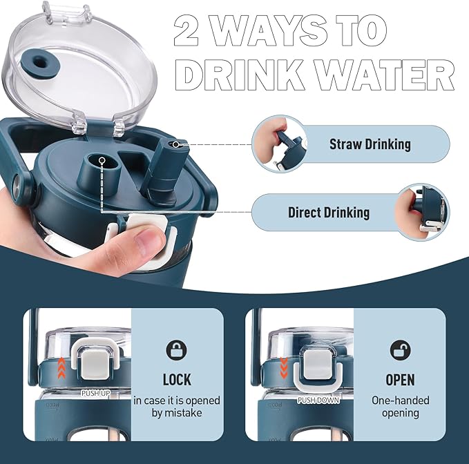 BLUEGO 40 oz Glass Water Bottle with Straw, Leakproof Glass Drinking Bottle with Time Marker and Silicone Sleeve, Wide Mouth Water Bottle for Travel, Gym, Workout, Dark Blue