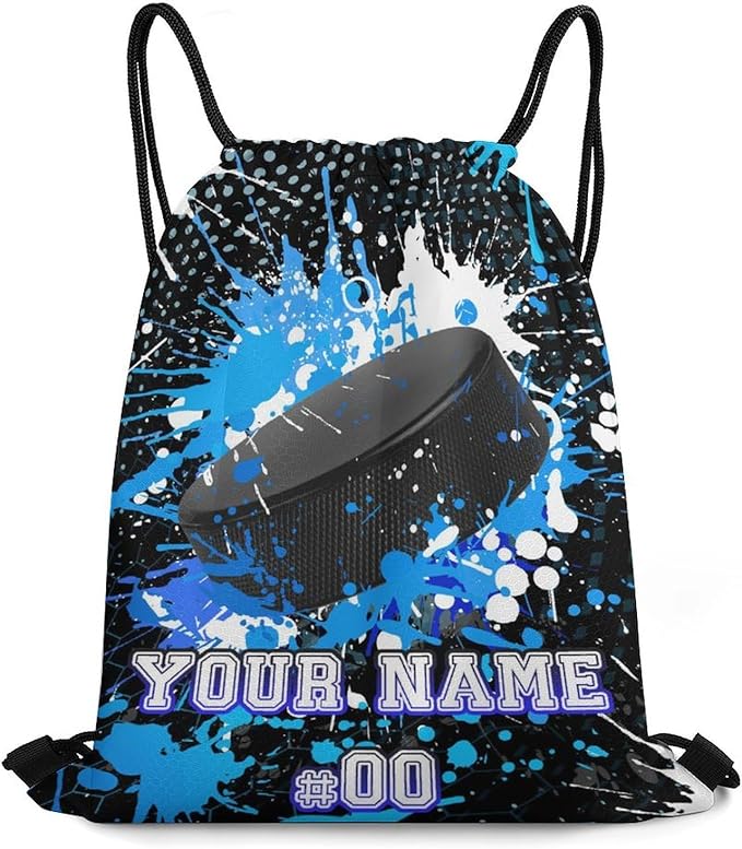 Custom Hockey Drawstring Backpack - Cool Cinch Sack, String Backpacks for Kids Women Men Boys Girls for Gym Outdoor Sports Travel Athletic Drawstring Bag - Lightweight/Foldable