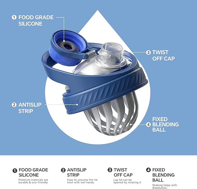 Ideus Protein Shaker Bottle 24oz(710ml) Insulated Stainless Steel Shaker Bottle with Silent Tritan Ball Portable Pre Workout Shaker Cups for Protein Shakes, Smoothies, Cocktails, Blue