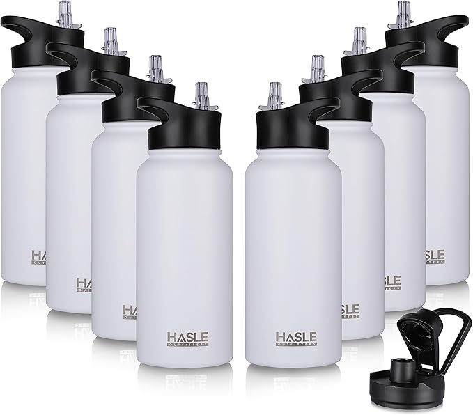 HASLE OUTFITTERS 32 oz Insulated Water Bottle Stainless Steel Double Walled Vacuum Sports Water Bottle with 2 Lids (Straw and Spout Lid) for Gym Camping Hiking(White,8)