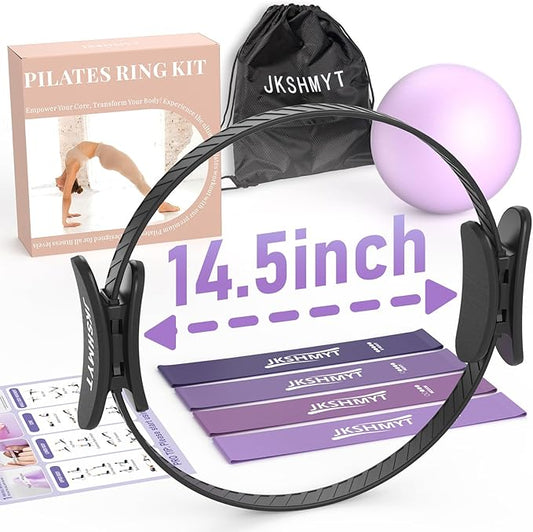 JKSHMYT Silicone Pilates Ring-14.5" Home Pilates kit with Padded Handles, Mini Ball, Resistance Bands, Guide & Bag, Better me Pilates Essentials Circle Set for Workouts Women