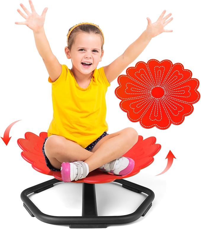 Flower Swivel Chair for Kids, 360° Spinning Seat, Autism Sensory Spin Chair, Toddler Sit and Spin Wobble Seat, ADHD Toy Chairs, Play Equipment Relief Motion Sickness for Boys Girls (Red)