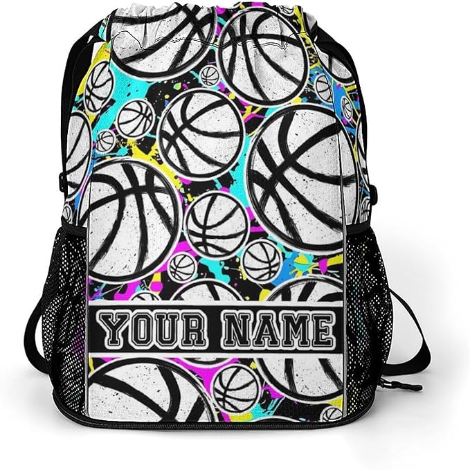 Custom Basketball Drawstring Backpack - Cool Cinch Sack, String Backpacks with Pocket for Kids Women Men Boys Girls for Gym Outdoor Sports Travel Athletic Drawstring Bag - Lightweight/Foldable