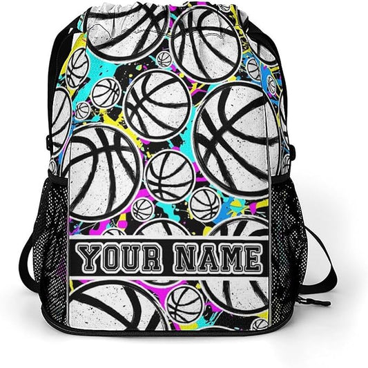 Custom Basketball Drawstring Backpack - Cool Cinch Sack, String Backpacks with Pocket for Kids Women Men Boys Girls for Gym Outdoor Sports Travel Athletic Drawstring Bag - Lightweight/Foldable