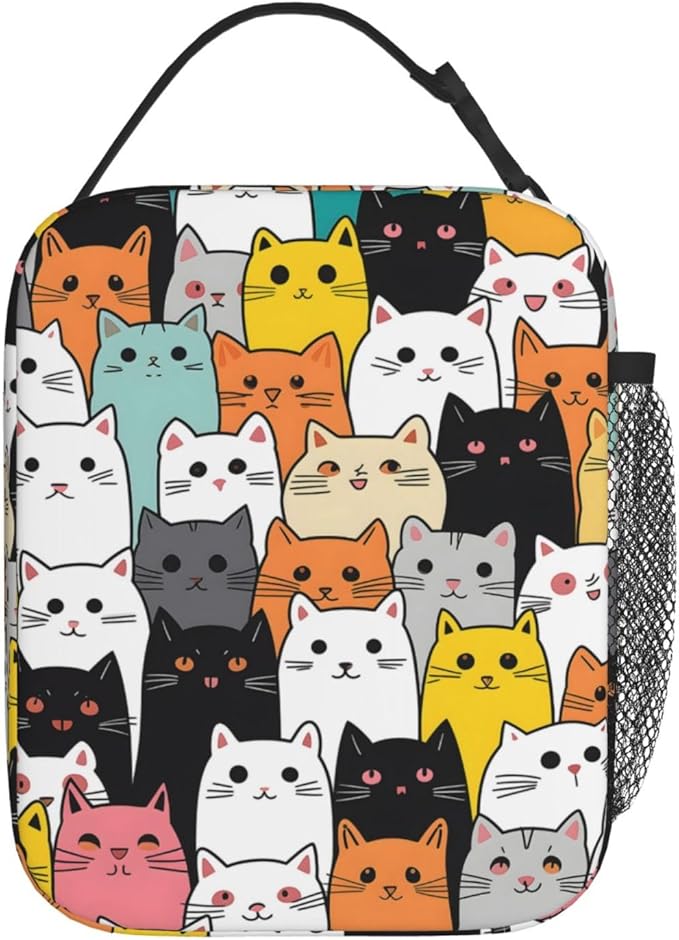 Colorful Cartoon Cat Insulated Lunch Box, Reusable Thermal Lunchbox with Cute and Playful Kitten, Portable Handbags for Office, Beach, Camping, Road Trip, Hiking, Gifts for Pet Lovers