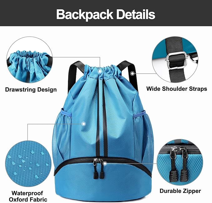 Hoedia Sports Drawstring Backpack - String Swim Gym Bag with Shoes Compartment and Wet Proof Pocket for Women/Men (Sky Blue)