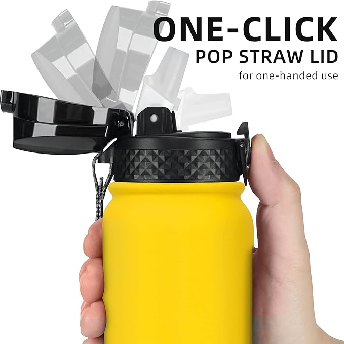 Fanhaw 20 Oz Stainless Steel Insulated Sports Water Bottles with Straw for Kids, Men and Women (Yellow)