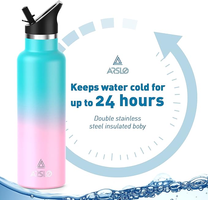 Stainless Steel Double Wall Water Bottles, Vacuum Insulated Bottle With Straw Lid, Insulated Water Bottle Keeps Water Cold for 24 Hours, Hot for 12 Hours, Hiking, Sports