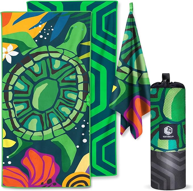 VENTURE 4TH Microfiber Beach Towel: Quick-Dry, Compact, Sand-Free, Absorbent, Sandproof and Lightweight - Perfect for Camping, Beach, and Roadtrips (Turtle Bay Design | 35x78 inches)