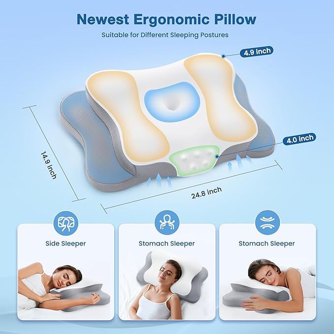 Cervical Pillow for Neck Pain Relief, Cooling Contour Memory Foam Pillows Support Odorless Ergonomic Neck Pillow Adjustable Orthopedic Bed Pillow for Side Back Stomach Sleeper with Pillowcase