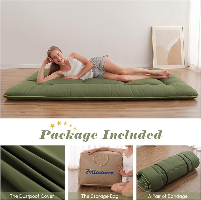 Japanese Floor Mattress, Futon Mattress with Portable Storage Bag and Washable Cover, Roll Up Thick Tatami Mat Suitable for Camping, Guest Room, Green, Queen