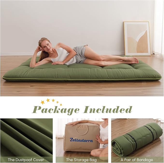 Japanese Floor Mattress, Futon Mattress with Portable Storage Bag and Washable Cover, Roll Up Thick Tatami Mat Suitable for Camping, Guest Room, Green, Twin