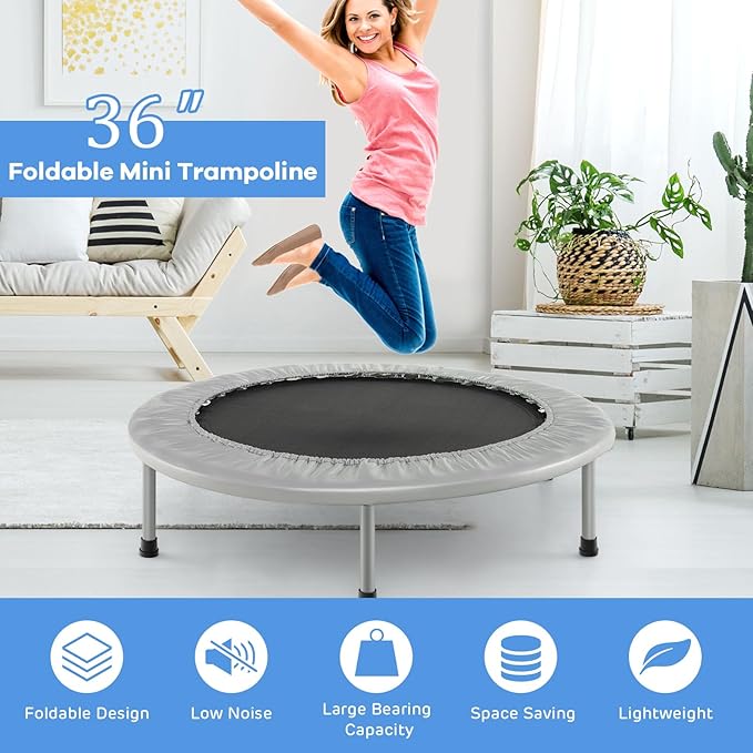 GYMAX Rebounder Trampoline for Adults, Mini Exercise Trampoline with Safety Pad, Foldable Rebounding Fitness Trampoline for Indoor/Outdoor, Small Workout Trampoline for Adults (Blue)