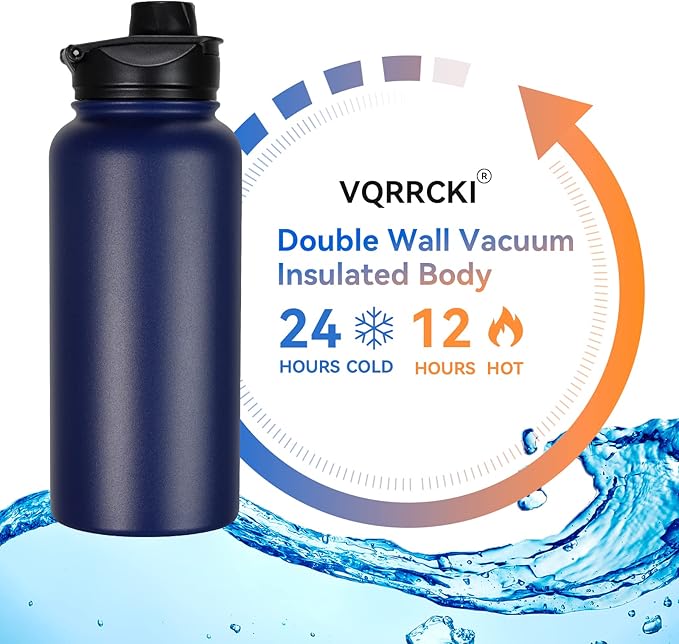 32 oz Insulated Water Bottle Bulk 4 Pack, Stainless Steel Sports Water Bottles with Straw Lid & Wide Mouth Lids, Double Walled Vacuum, Leak Proof, Blue