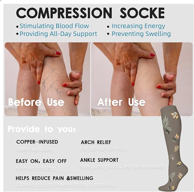Graduated Compression Socks for Women&Men 20-30mmhg Knee High Socks Travel Hiking Running Stocking
