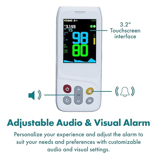 CMI Health CH-100 Handheld Pulse Oximeter - Measures Oxygen Level, Pulse Rate & Respiration Rate - Adjustable Audio & Visual Alarm - 1440 Hours of Continuous Data Storage