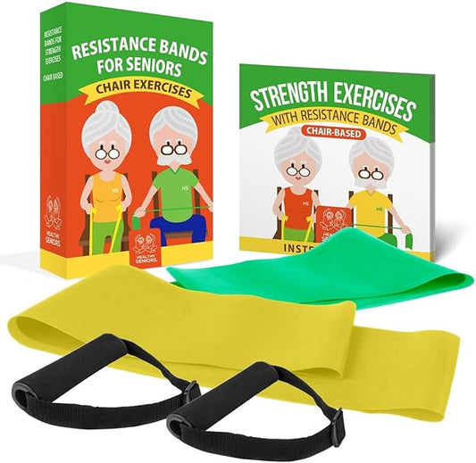 Chair Exercise Program with Two Resistance Bands, Handles and Printed Exercise Guide. Suitable for Rehab or Physical Therapy. Thoughtful Gift for Grandma or Grandpa