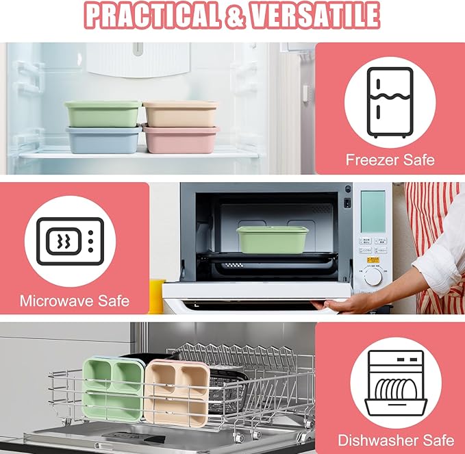 4Piece Silicone Snack Container with Lids, 3 Compartment Snack Container, is Perfect for Lunch Salads, Snack Boxes, and Ideal for Travel, Office, and Picnics.（Lightweight Stackable ）