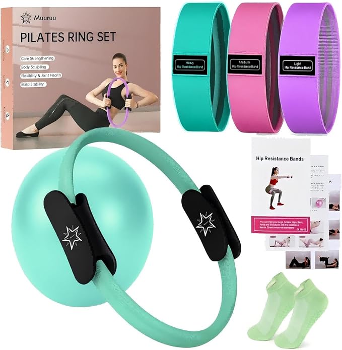 Pilates Essentials Kit for Home Women, Ring and Ball Set, Pilates Equipment for Workouts, 3 Resistance Bands, Grip Socks, 14 Inch Magic Circle, Mini Exercise Ball, Great Exercise Equipment