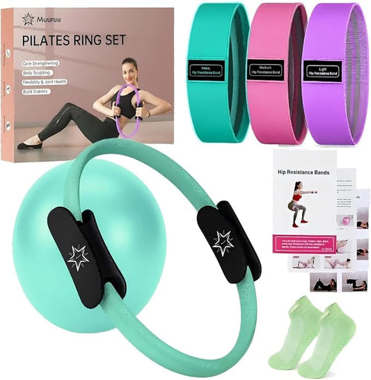 Pilates Essentials Kit for Home Women, Ring and Ball Set, Pilates Equipment for Workouts, 3 Resistance Bands, Grip Socks, 14 Inch Magic Circle, Mini Exercise Ball, Great Exercise Equipment