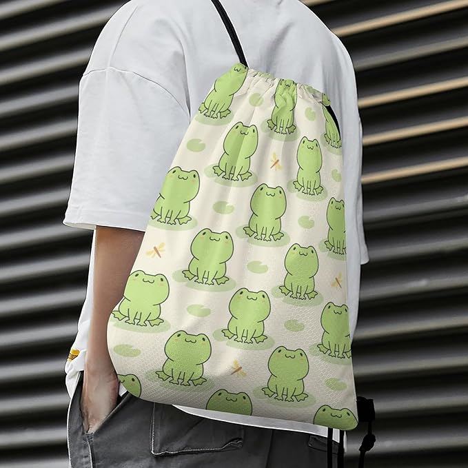 Frog Drawstring Backpack - Cute Cinch Sack, String Backpacks with Pocket for Kids Women Men Boys Girls for Gym Outdoor Sports Travel Athletic Drawstring Bag - Lightweight/Foldable