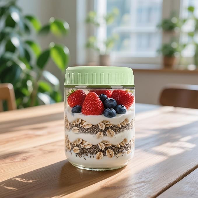 Overnight Oats Containers with Lids, 16oz Glass Jars with Lids 4 pcs, Light Green, Wide Mouth Mason jars for Salad, Yogurt, Snacks, Meal Prep
