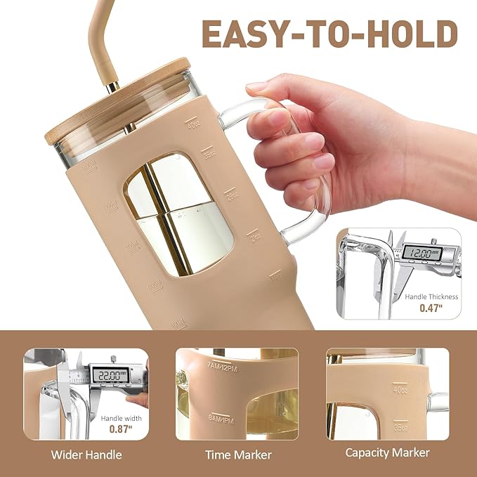 Glass Tumbler with Straw and Lid, 40 oz glass cup with handle, Glass Water Bottles with Time Marker, Silicone Protective Sleeve-Amber