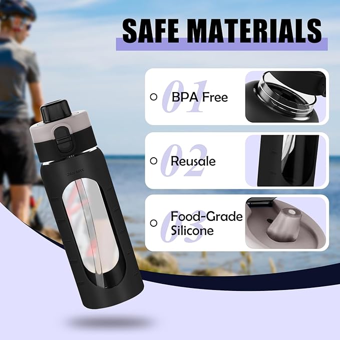 ANOTION 24OZ Glass Water Bottle, Large Sports Water Bottle with Dual-Drink Lid Clear Leakproof Glass Bottles with Straw, Motivational Jug with Silicone Sleeve and Time Marker for Travel Gym-Black