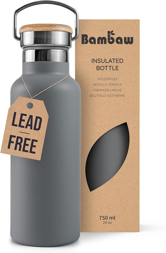 Bambaw Gray Insulated Water Bottle 24oz, Stainless Steel Water Bottle, Travel Water Bottle 24 oz, Metal Water Bottle without Straw, BPA Free Water Bottle Dishwasher Safe – Stormy Gray